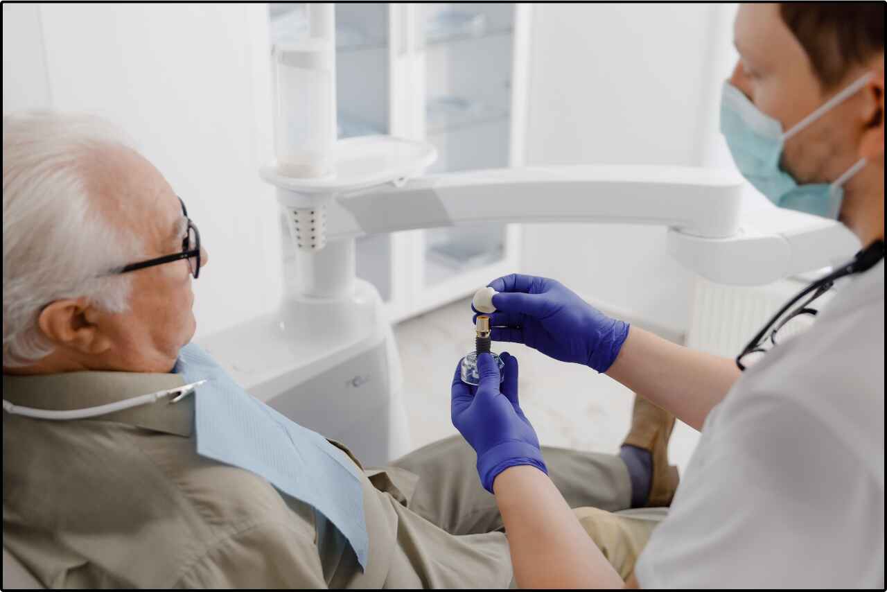 Old man sitting in a dental chair during his appointment at the dental clinic in digital world.